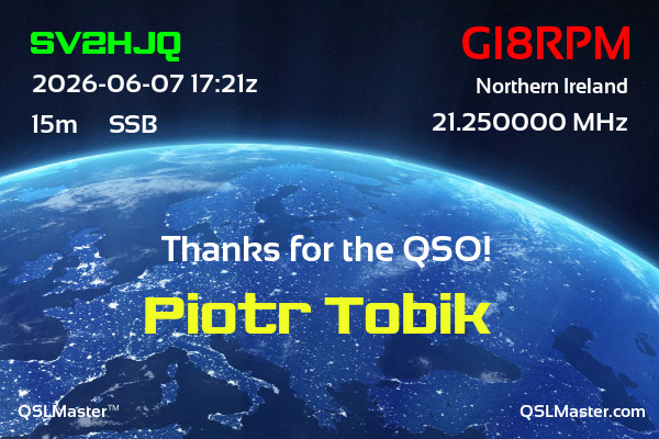 QSL Master Card for GI8RPM QSO with SV2HJQ