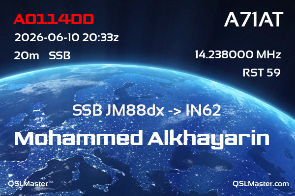 QSL Master Card for A71AT QSO with AO114DD