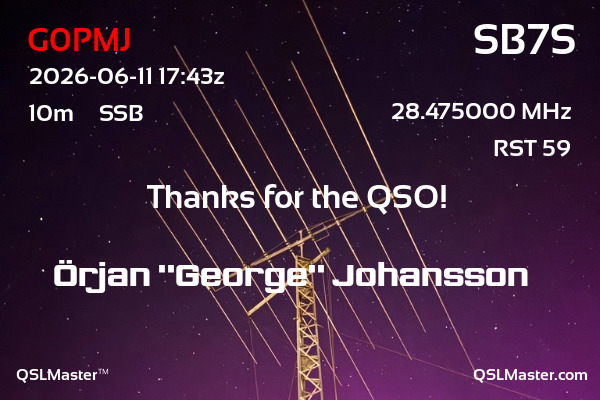 QSL Master Card for SB7S QSO with G0PMJ