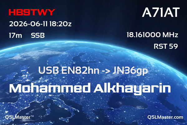 QSL Master Card for A71AT QSO with HB9TWY