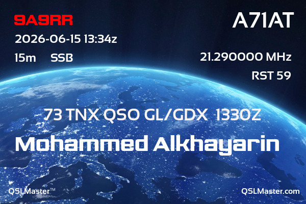 QSL Master Card for A71AT QSO with 9A9RR