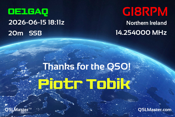 QSL Master Card for GI8RPM QSO with OE1GAQ