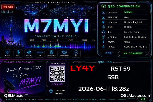 QSL Master Card for M7MYI QSO with LY4Y