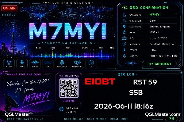 QSL Master Card for M7MYI QSO with EI0BT