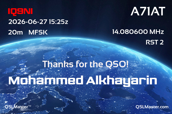 QSL Master Card for A71AT QSO with IQ9NI