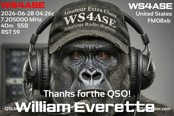 QSL Master Card for WS4ASE QSO with WS4ASE
