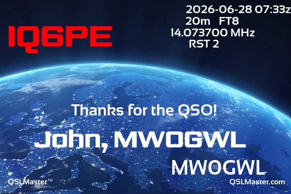 QSL Master Card for MW0GWL QSO with IQ6PE