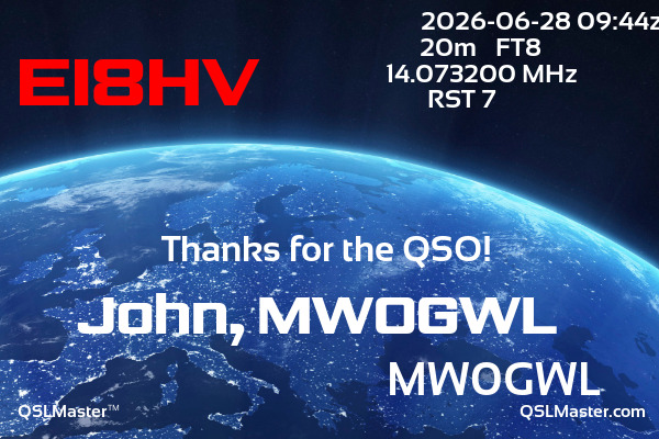 QSL Master Card for MW0GWL QSO with EI8HV