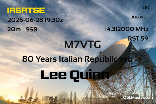 QSL Master Card for M7VTG QSO with IR5RTSE