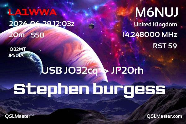 QSL Master Card for M6NUJ QSO with LA1WWA
