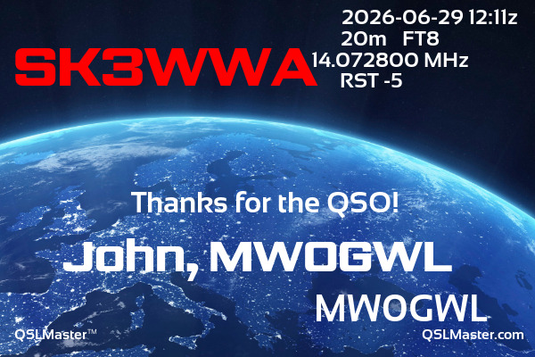 QSL Master Card for MW0GWL QSO with SK3WWA