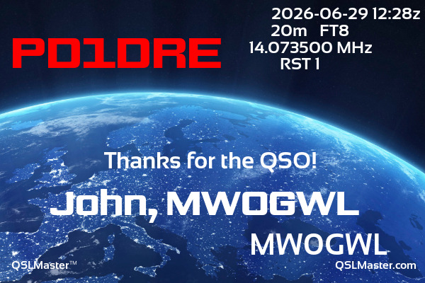 QSL Master Card for MW0GWL QSO with PD1DRE