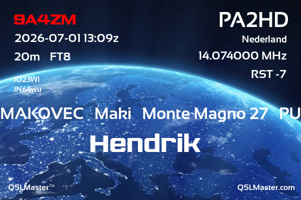 QSL Master Card for PA2HD QSO with 9A4ZM