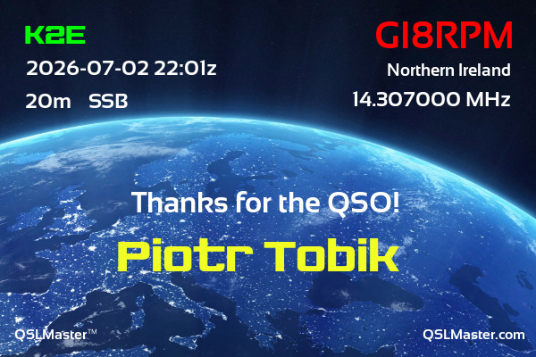 QSL Master Card for GI8RPM QSO with K2E