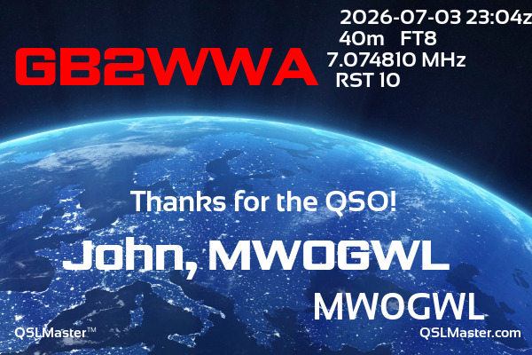 QSL Master Card for MW0GWL QSO with GB2WWA