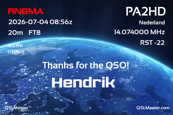 QSL Master Card for PA2HD QSO with RN6MA