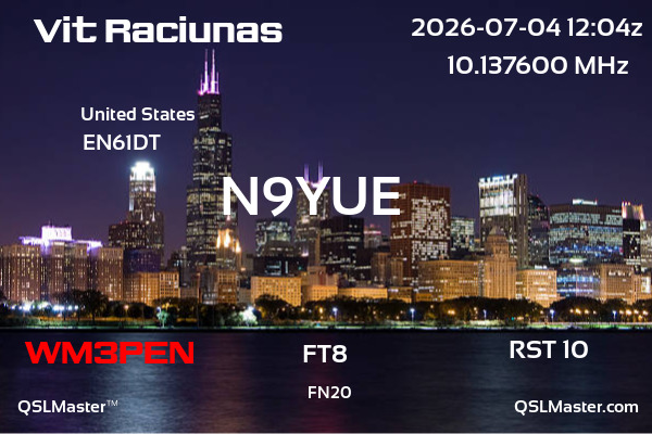 QSL Master Card for N9YUE QSO with WM3PEN
