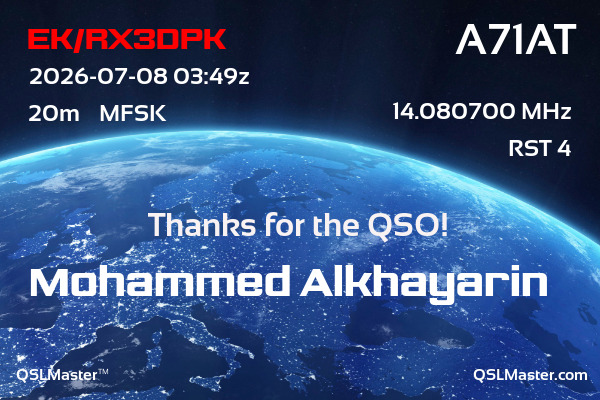QSL Master Card for A71AT QSO with EK/RX3DPK