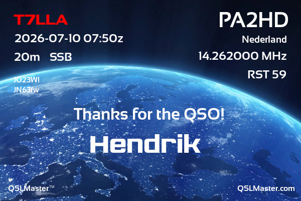 QSL Master Card for PA2HD QSO with T7LLA