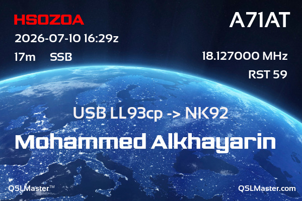 QSL Master Card for A71AT QSO with HS0ZOA