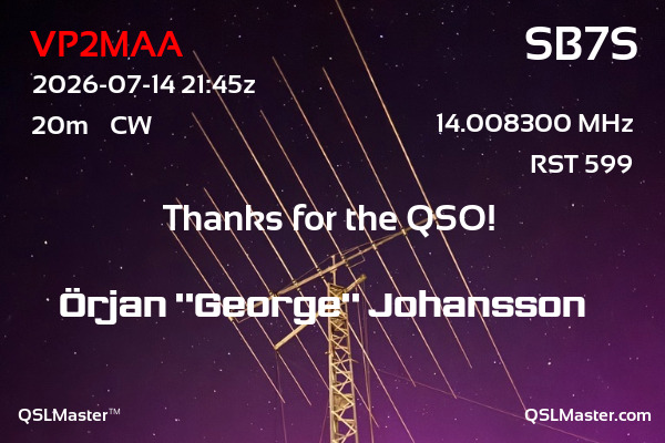 QSL Master Card for SB7S QSO with VP2MAA