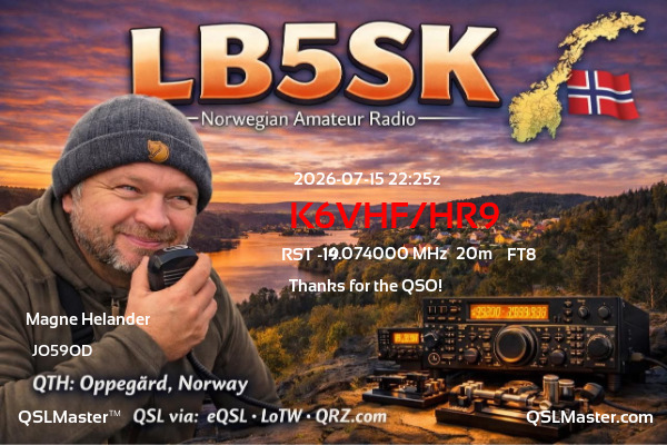 QSL Master Card for LB5SK QSO with K6VHF/HR9