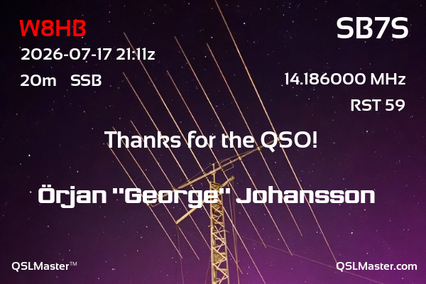 QSL Master Card for SB7S QSO with W8HB