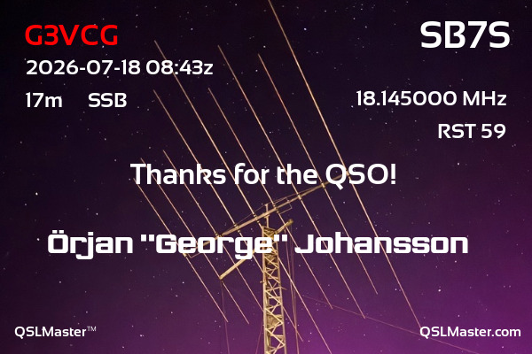QSL Master Card for SB7S QSO with G3VCG