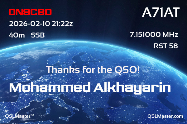 QSL Master Card for A71AT QSO with ON9CBD