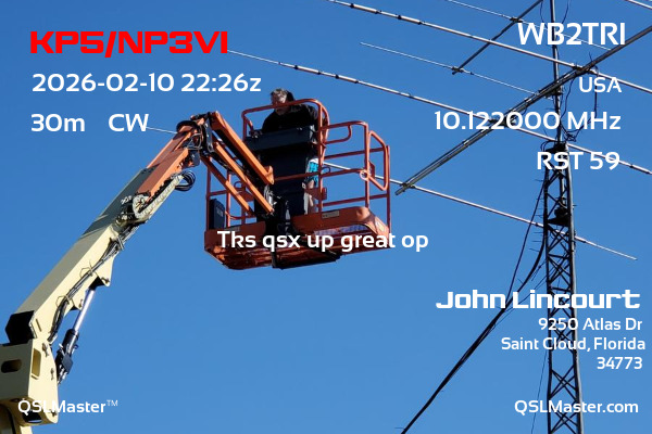 QSL Master Card for WB2TRI QSO with KP5/NP3VI