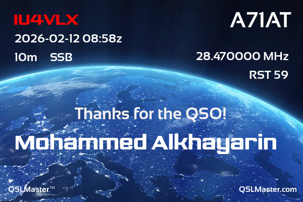 QSL Master Card for A71AT QSO with IU4VLX