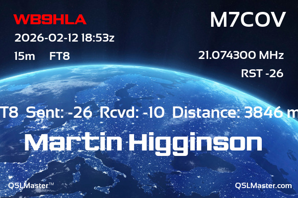 QSL Master Card for M7COV QSO with WB9HLA
