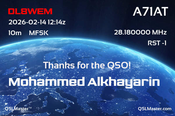 QSL Master Card for A71AT QSO with DL8WEM