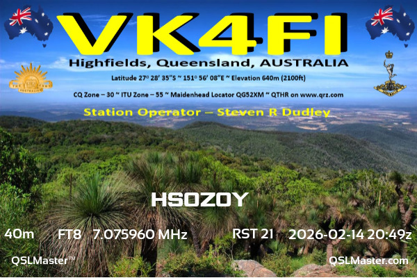 QSL Master Card for VK4FI QSO with HS0ZOY