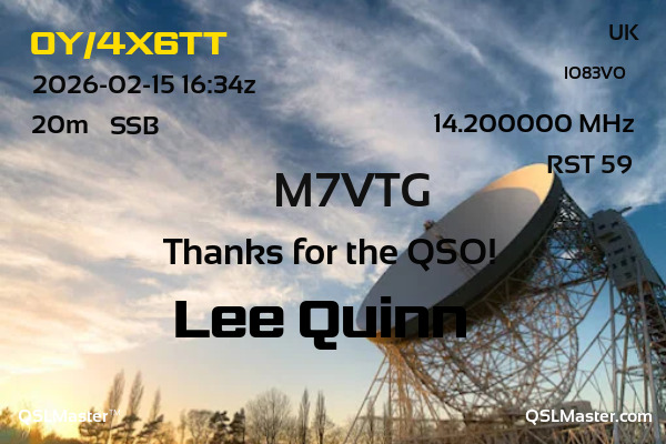 QSL Master Card for M7VTG QSO with OY/4X6TT