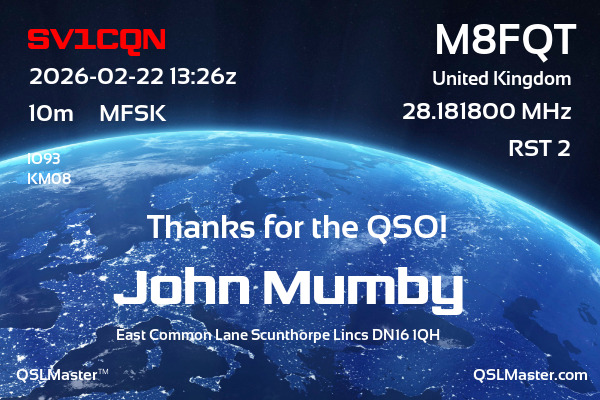 QSL Master Card for M8FQT QSO with SV1CQN
