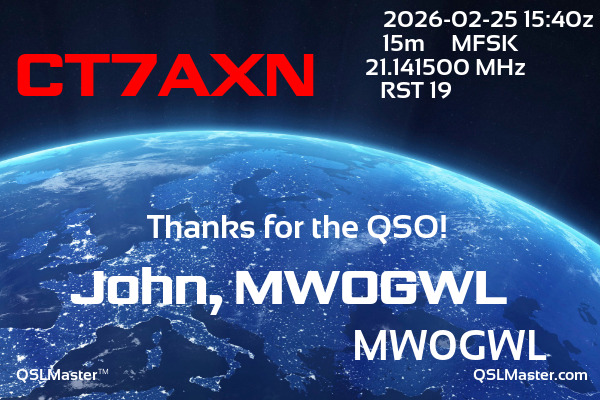 QSL Master Card for MW0GWL QSO with CT7AXN