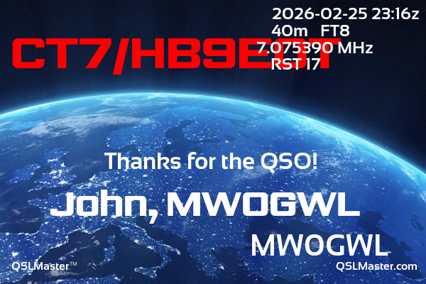 QSL Master Card for MW0GWL QSO with CT7/HB9EOT