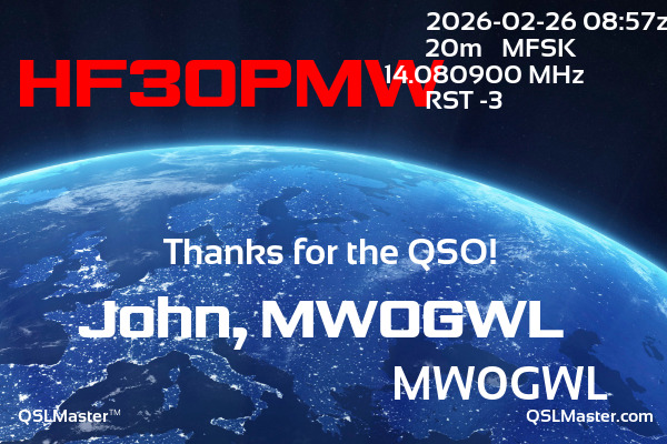 QSL Master Card for MW0GWL QSO with HF30PMW