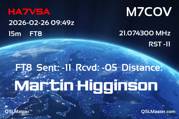 QSL Master Card for M7COV QSO with HA7VSA