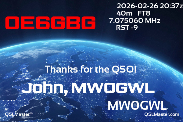 QSL Master Card for MW0GWL QSO with OE6GBG