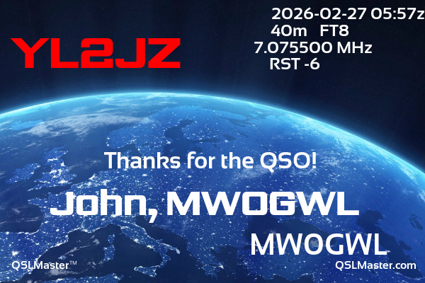 QSL Master Card for MW0GWL QSO with YL2JZ