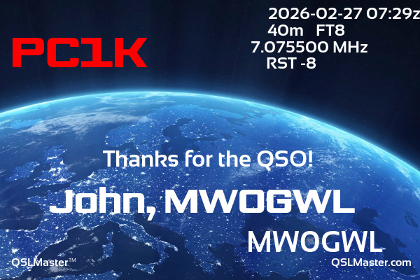 QSL Master Card for MW0GWL QSO with PC1K