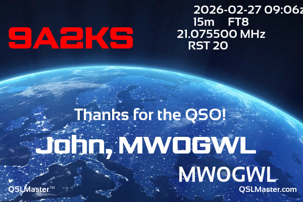 QSL Master Card for MW0GWL QSO with 9A2KS