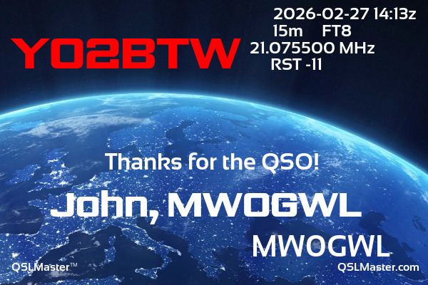 QSL Master Card for MW0GWL QSO with YO2BTW