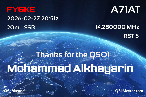 QSL Master Card for A71AT QSO with FY5KE