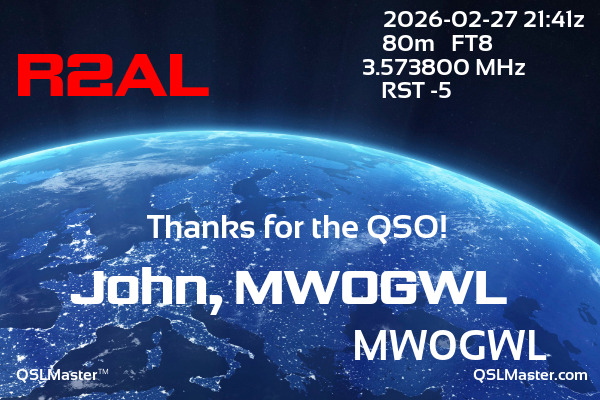 QSL Master Card for MW0GWL QSO with R2AL