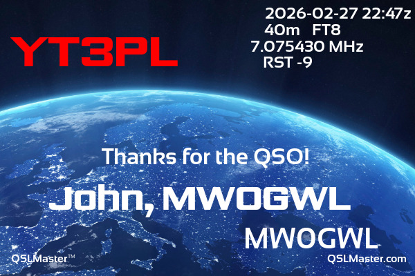 QSL Master Card for MW0GWL QSO with YT3PL