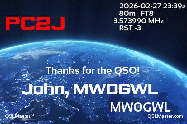 QSL Master Card for MW0GWL QSO with PC2J