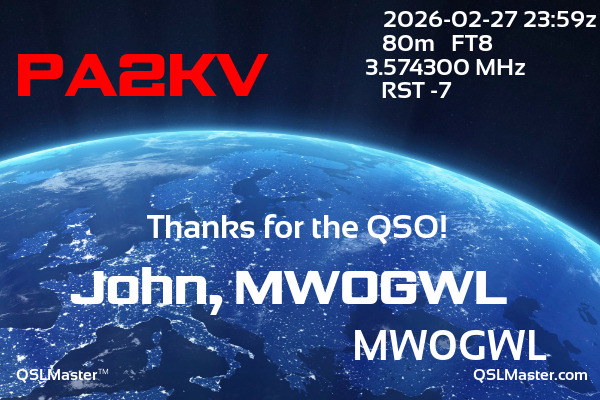QSL Master Card for MW0GWL QSO with PA2KV